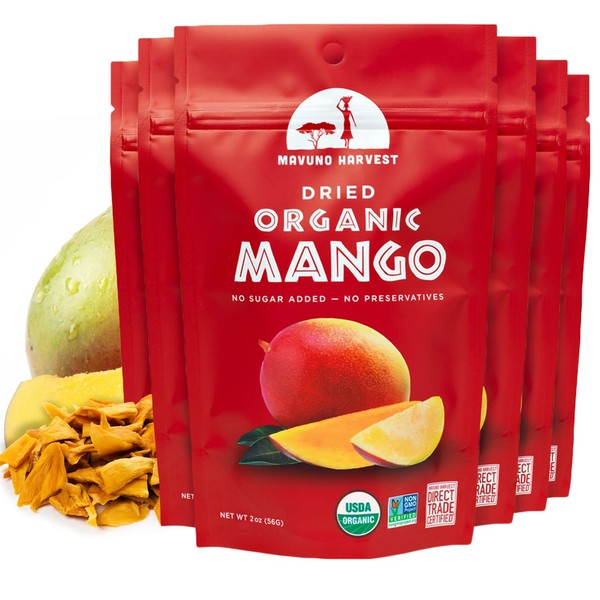 Mavuno Harvest Mango Dried Fruit Snacks | Unsweetened Organic Dried Mango Slices | Gluten Free Healthy Snacks for Kids and Adults | Vegan, Non GMO, Direct Trade | 2 Ounce, Pack of 6