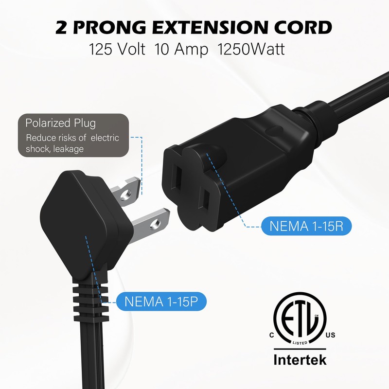 45 Degree 2 Prong Polarized Power Extension Cord 4 FT/2