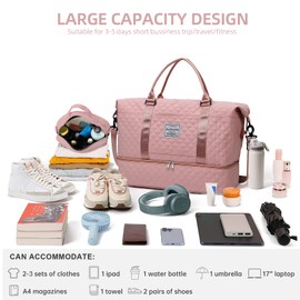 Weekender Bolsas de viaje para mujer, bolsa de viaje con compartimento para zapatos, bolsa de lona para llevar durante la noche, bolsa de gimnasio con bolsa de aseo, Rosado, Talla única, Bolsa de