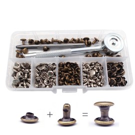 Gasea 120 Sets Leather Rivets Double Cap Button Rivet Tubular Metal Studs with 3 Fixing Tool Kit and Storage Box for Leather Craft Repairing Decoration, 2 Sizes (Silver and Bronze)
