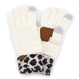C.C Unisex Cable Knit Winter Warm Anti-Slip Touchscreen Texting Gloves, Leopard Ivory