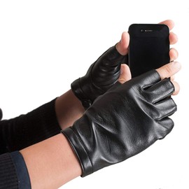 Nappaglo Men's Short Fingerless Leather Fingerless Gloves, Winter, Inner Warm, Cold Protection, Exercise, Driving, Driving Gloves, black (silk lining)