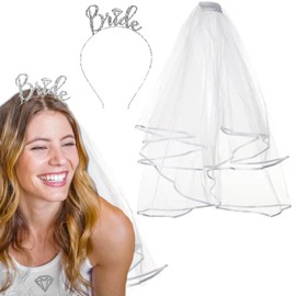 Bride Veil Crown - SET OF 2: Silver Sparkle Diamond Bride Headband & White Tulle Veil - Veils for Bachelorette Party - HBVeil Set(Dia Brd) SLV