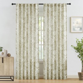 Vision Home Flax Linen Vintage Floral Semi Sheer Curtains Rod Pocket Back Tab Print Jacobean Textured Light Filtering Window Curtains Farmhouse Drape 84 inch for Living Room Bedroom 2 Panels 52"Wx84"L