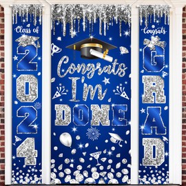 Blue and Silver Graduation Porch Sign Banner Graduation Decorations Class of 2024 Hanging Banner Blue Silver Congrats I'm Done Door Cover for High School College Graduation Party Supplies (Blue Silver)