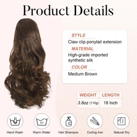 Taifeng 18Inch Ponyatil Extension,Clip on Ponytails for Women,Long Wavy Claw Clip Ponytail Extensions,Synthetic Layered Pony Talis Hair Extensions(Color:Medium Brown)