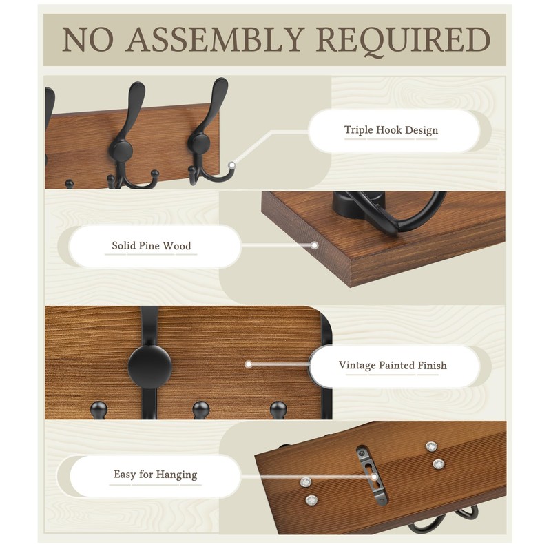 RELBRO Coat Rack Wall Mount, 16.7 Inch Wooden Wall Coat