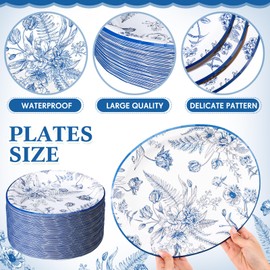 Funnymoom 50 Pcs Blue Floral Oval Paper Plates for Baby Bridal Shower Party Supplies 10" x 12" Floral Disposable Plates Vintage Dinner Serving for Wedding Birthday Bridal Tea Party Supplies