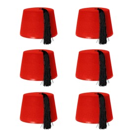 PACK OF 6 FEZ HATS RED FANCY DRESS COSTUME ACCESSORY CAPS - RED FELT FEZ WITH BLACK TASSEL - UNISEX FELT FEZ HAT FOR MEN AND WOMEN - PERFECT FOR FANCY DRESS PARTIES