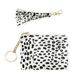 1 Women's Card Case with 1 Tassel Pendant, 8 Card Slots, Coin Purse with Zipper, Mini Key Chain Card Case, Handheld Card Case, Pocket Purse, black, white, Modern