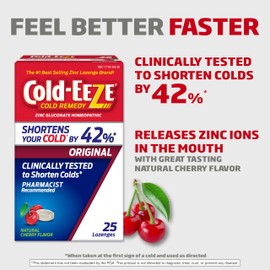 Cold-Eeze Cold-EEZE Natural Cherry Zinc Lozenges, Homeopathic Cold Remedy, Reduces Duration of the Common Cold, Sore Throat, Cough, Congestion and Post Nasal Drip, 25 Count
