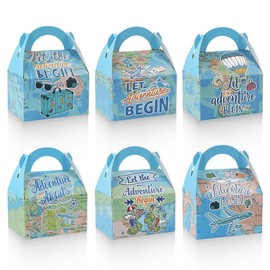 24PCS Travel Party Favor Boxes World Map Paper Treat Goodie Boxes with Handles Let The Adventure Begins Themed Gift Wrapping for Travel Birthday Party Decorations