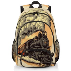 LOMBARDIDEN Kids Backpack for Boys - Vintage Train School Backpack for Teens Students - Schoolbag Lightweight Waterproof Elementary Book Bag Travel Casual Daypack
