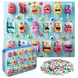 LELEMON Popsicle Monsters Puzzles for Kids Ages 4-8,100 Pieces Funny Colorful Monsters Ice Cream Jigsaw Puzzles in a Metal Box,Cute Monster Popsicles Learning Educational Toys for Boys Girls