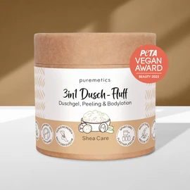 puremetics 3-in-1 Shower Fluff (250 g) | Shower Gel, Exfoliating and Lotion in One | Vegan & Plastic-Free | Nourishing, Skin Refining & Smoothing | Sugar Sea Salt Peeling | Zero Waste (Shea Care)