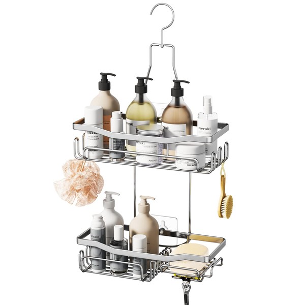 HapiRm Hanging Shower Caddy, No Drilling Shower Shelf with Razor and Soap Holder, Rust-resistant Shower Organiser for Shower Accessories, 2 Tier Shower Caddy Hanging, 3 Screw Adhesives, Silver