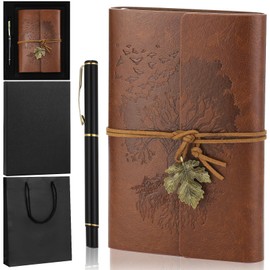 Gueevin Christmas Leather Journal and Pen Gift Set Refillable Tree Notebook with Pen Gift Bag and Gift Box A5 Lined Hardcover Journal present with 150 Pages for Thanksgiving Xmas Holiday Gift, Brown