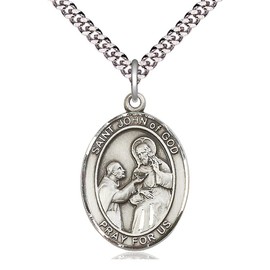 CatholicStore St. John of God Medal in Fine Pewter, 1" Tall on a 24" Light Rhodium Heavy Clasp Chain