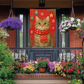 BlissYard Merry Christmas House Flag 28 x 40 Inch Double Sided Garden Flag with Tabby Cat Red Scarf and Green Ornaments for Holiday Yard Banner Porch Outdoor Decor