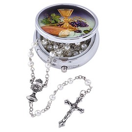 Girls White Acrylic Prayer Bead First Communion Rosary with Body of Christ Case, 18 Inch