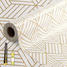 FINNEZ Drawer and Shelf Liner for Kitchen Cabinet Non Adhesive Non Slip 17in x 10FT, Heavy Duty Gripper Cabinet Liners, Waterproof No Residue Easy Cut with Measuring Tape & Cutter Tool (Golden Line)