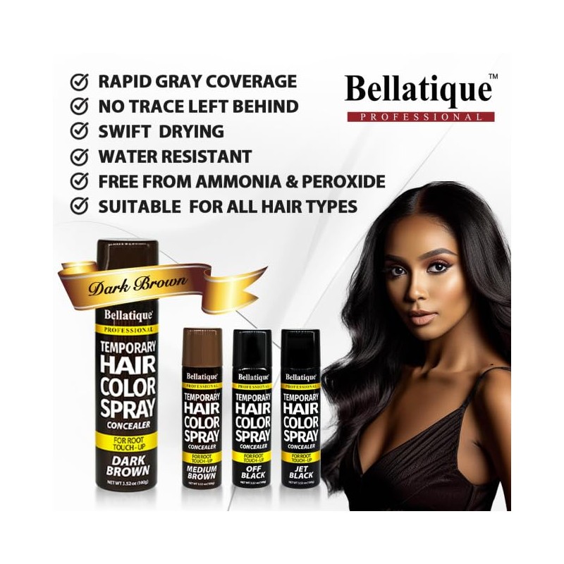 Bellatique Temporary Hair Color Spray Concealer - Dark Brown. For