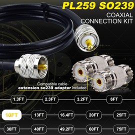 YOTENKO CB Antenna Cable 10ft - RG58 Coaxial Cable PL259 Male to Male, 50 Ohm Coax with 2PCS SO239 to SO239 Coax Adapter for CB Radio, Ham Radio, Antenna, SWR Meter