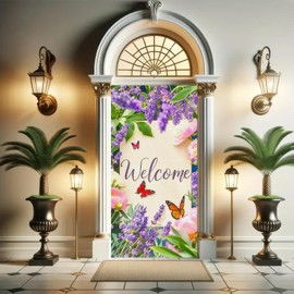 BlissYard Spring Door Banner Door Cover 70x35 Inch Vibrant Lavender Butterfly Welcome Sign Spring Backdrop Door Covers Decorative Door Decorations Hanging for Seasonal Home Decor