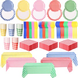 285 Pcs Disposable Gingham Party Supplies Set for 40 Guests - Plaid Paper Plates, Cups, Napkins, Forks, Spoons, Knives & Tablecloth, All-in-One Birthday, BBQ, Picnic, Thanksgiving Dinnerware Kit