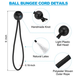 PATIKIL 9 Inch Tarp Ball Bungee Cord, 30 Pack Bungee Cords with Balls Canopy Tarp Tie Downs Cords Elastic String for Outdoor Camping Cargo Shelter Tent Poles, Black
