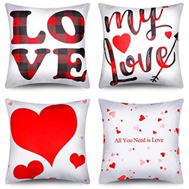 Boao 4 Pieces Valentine's Day Throw Pillow Covers Romantic Red Heart Cushion Covers for Home Decor, 18 x 18 Inch