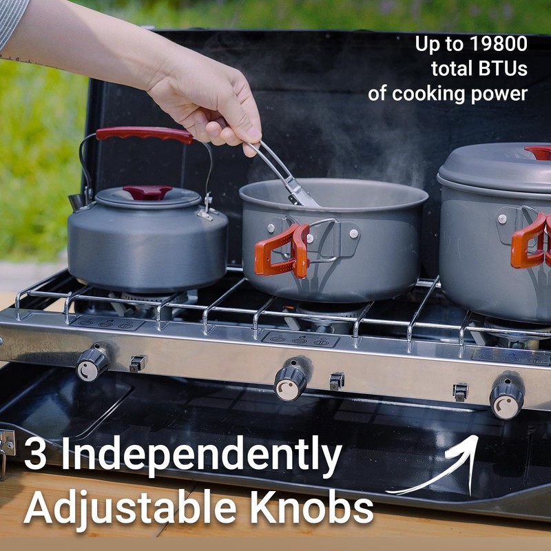 FineFlame 3-Burner Propane Camping Stove 19800 BTUs, Portable Camp Stove