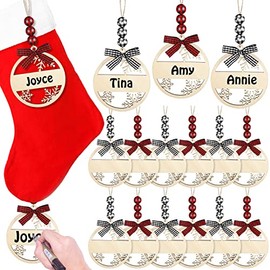 12 Pcs Snowflake Christmas Stocking Name Tags Wooden Christmas Buffalo Plaid Hanging Ornament Rustic Wood Christmas Tree Ornaments for Farmhouse Xmas Stockings (Black White Plaid, Red Black Plaid)