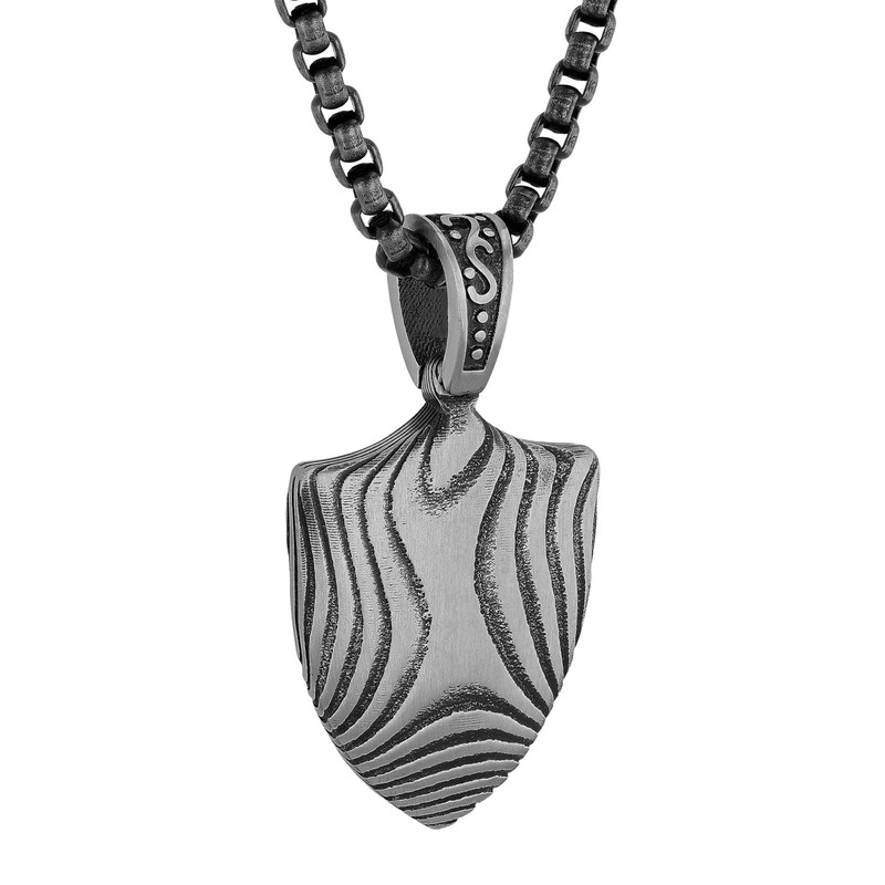 Men's Textured Shield Pendant – Stainless Steel with Cuban Chain,