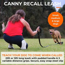 Canny Recall Dog Training Lead | Heavy Duty Extra Long Lead for Training Dogs & Puppies in Park or Yard | Train Your Dog to Come When Called | 23ft & 15ft, Black