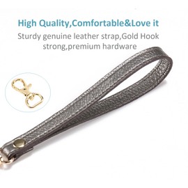 Wristlet KeyChain Cellphone Genuine Leather Hand Strap for Wallet Clutch Wristlet Purse (Silver-Grey)