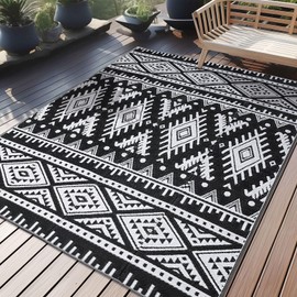 OLANLY Outdoor Rug Waterproof 5x8 ft, Reversible Outdoor Plastic Straw Rug, Boho Patio Rug, Indoor Outdoor Carpet, RV Mat Outside for Patio, Camp, Picnic, Balcony, Deck, Backyard, Black & White | OLANLY
