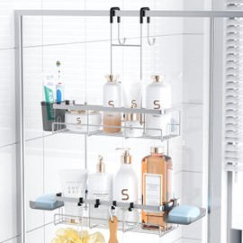 Aitatty Over the Door Hanging Shower Caddy: Rustproof Hanging Organizer over the Door - No Drilling Bathroom Rack for Inside Shower Chrome