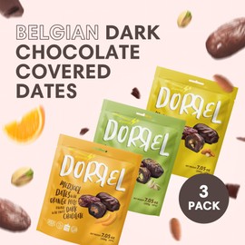 DORREL - Trio Bundle Pack: Belgian Dark Chocolate Covered Dates Medjool with Candied Orange Peels, Salted Almonds & Pistachio Stuffing, High Energy Kosher Non-GMO Choco Snack Pack of 3, 7.05 oz Ea