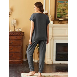 Ekouaer Womens Pajama Sets Jogger Lounge Sets Short Sleeve Sleepwear and Long Pants Pjs Tracksuit 2 Piece Outfits,Dark Grey,M