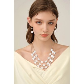 Firstmeet 3 Layered Mother of Pearl Beads Necklace with Earrings Shell Beads Pendant Jewelry for Women (XL-1085-White)