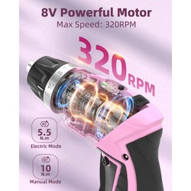 DuroFort 8V Cordless Screwdriver Kit, 0-10N.m Electric Screwdriver, 2000mAh Battery, 320RPM, 2 Position Handle, 10+1 Torque Settings, 1/4” Magnetic Chuck, 39Pcs Screwdriver Accessories for Women