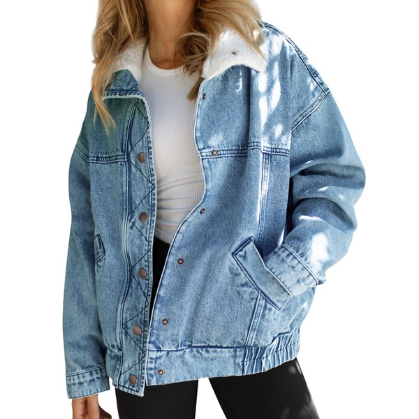 Tankaneo Womens Oversized Denim Jackets Sherpa Collar Button Down Jean