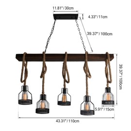 Unitary Brand Rustic Black Metal and Wood Body Cage Shades Dining Room Multi Pendant Lighting with 5 E26 Bulb Sockets 200W Painted Finish
