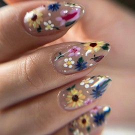 KQueenest French Press on Nails Almond Shape Fake Nails with Colorful Flower Designs Floral Artificial Nails Medium Length Spring Summer Glue on Nails Flowers Stick on Nails for Women, 24Pcs