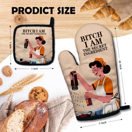 ZHANTUONE Bixxh I Am The Secret Ingredient Funny Heat Resistant Oven Mitts and Pot Holders Set with Silicone Non-Slip, Hostess Cooking Baking Gadgets, Gifts for Women Bake Lover, Housewarming Gifts