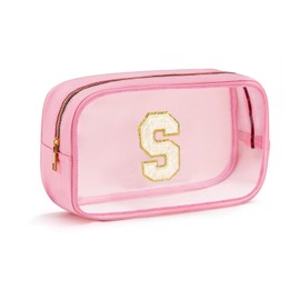 Fohufo Clear Makeup Bag - Travel Toiletry Bag for Women, Small Cosmetic Bag Portable Waterproof Makeup Kit | Birthday Gifts for Women Travel Essentials (Pink Letter S)