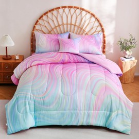 Tasselily Pink Comforter Full Size,Blue Purple Full Bedding Sets for Girls,6 Pcs Tie Dye Rainbow Full Size Comforter Set with Sheets for Girls Kids Teens