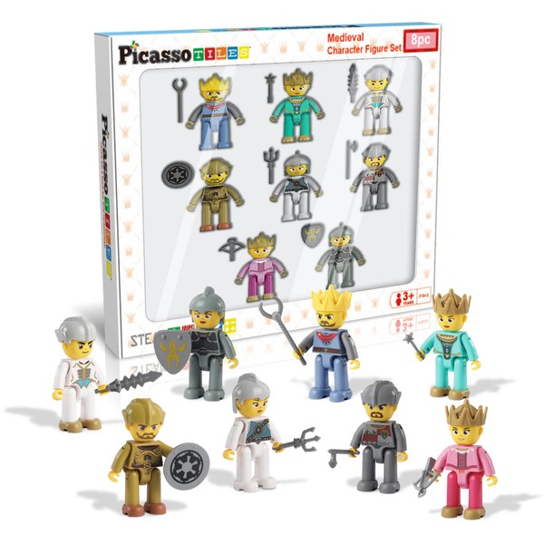 Picasso Toys Magnetic Action Figures 8 Piece Medieval King and Knights Character for Building Blocks Tiles Construction Toddler Toy Set Magnets Expansion Pack Educational STEM Pretend Playset PTA13