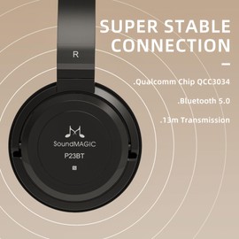 SoundMAGIC P23BT - Auriculares Bluetooth portátiles en la oreja CVC con cancelación de ruido, sonido HiFi estable, conexión de señal inalámbrica larga tiempo de reproducción con cable desmontable para juego negro